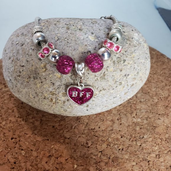 Silver Tone Hot Pink BFF Heart Beads Snake Chain Bracelet 8" Total L 2" Dia - Picture 1 of 11